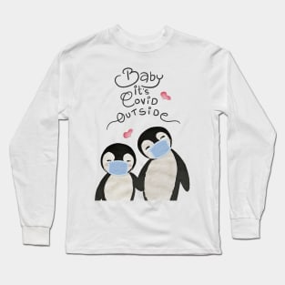 Baby Its Covid Outside Penguin Couple - Cute Christmask Penguins Long Sleeve T-Shirt